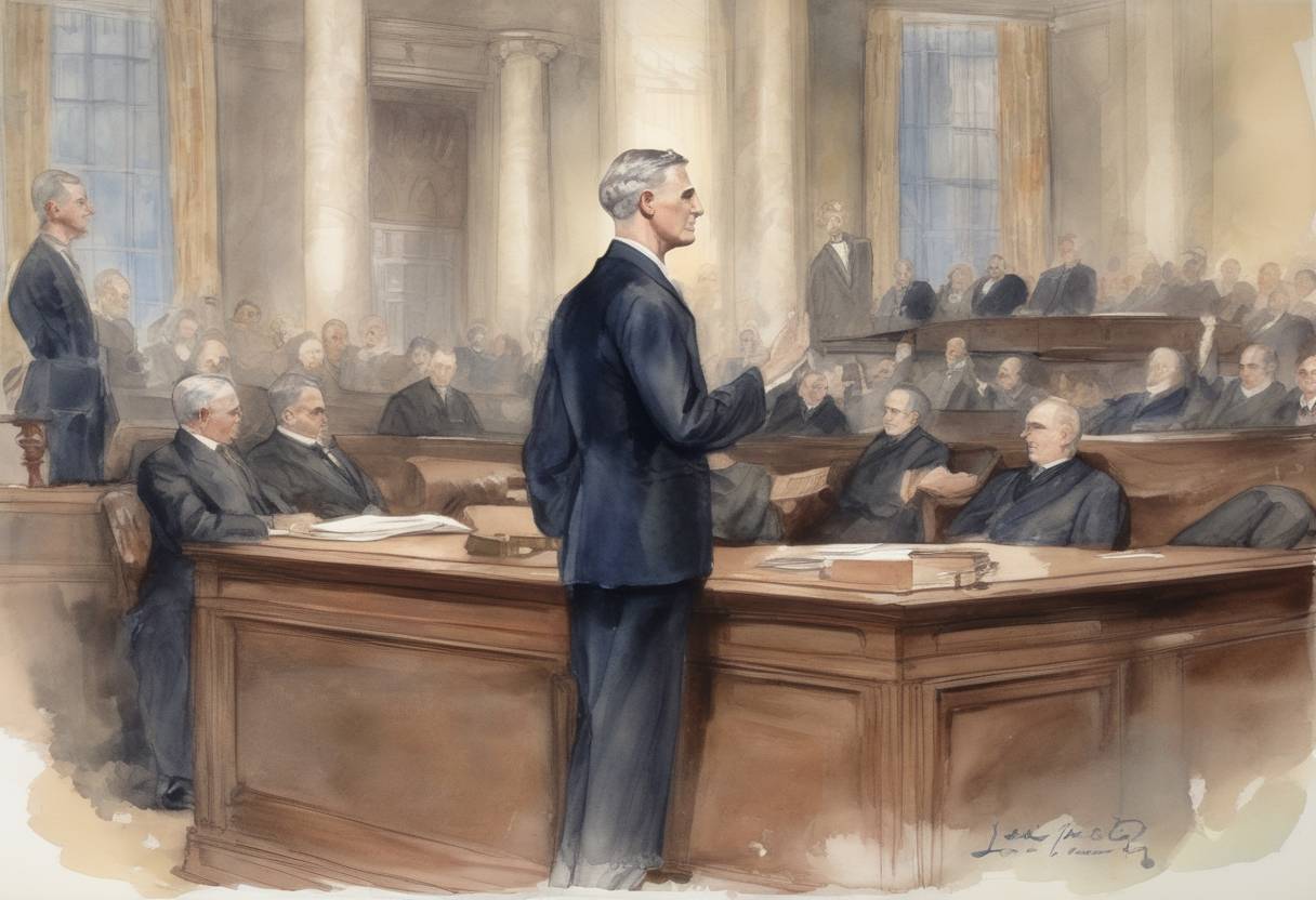 Watercolor painting based depiction of Louis Brandeis was confirmed as a Justice of the United States Supreme Court, becoming the first Jewish person to hold this position. (1916)