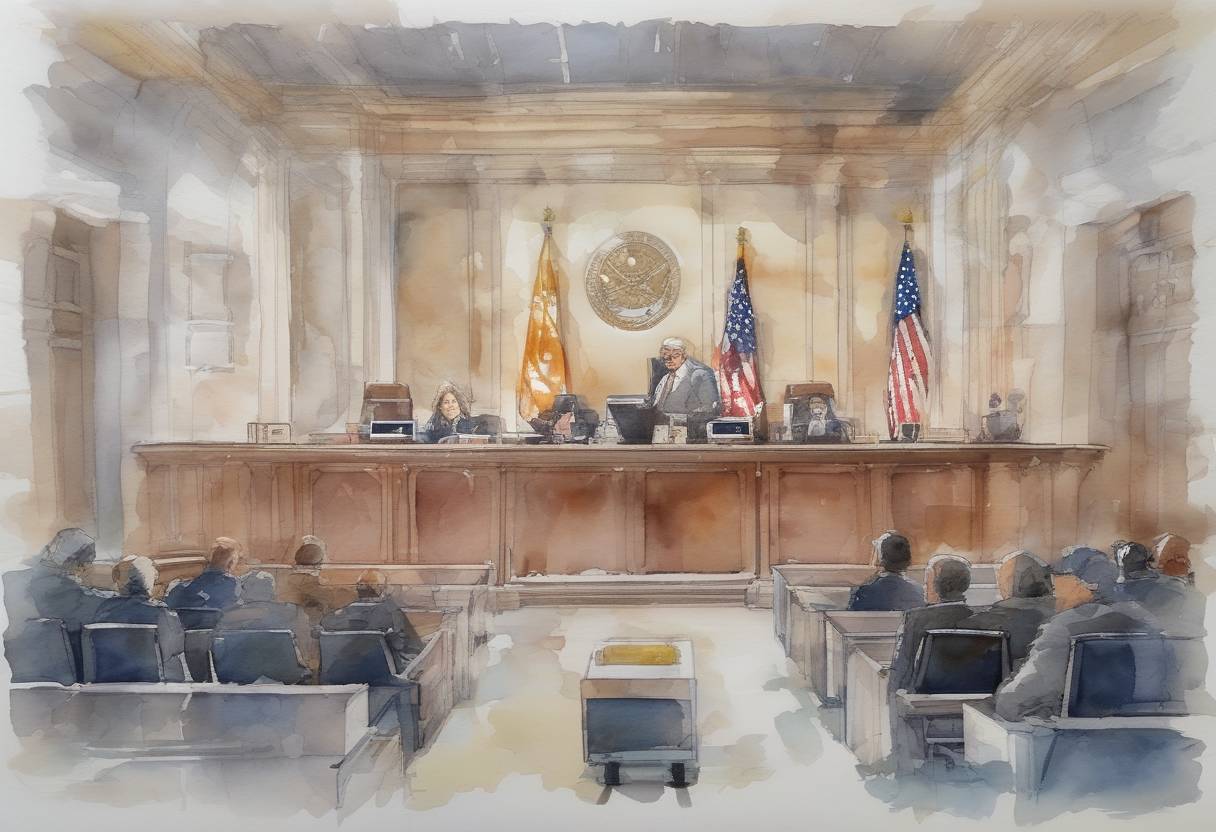 Watercolor painting based depiction of The International Court of Justice ordered the United States to lift some of its sanctions against Iran, specifically those affecting humanitarian goods and civil aviation safety, following a legal challenge by Iran. (2018)