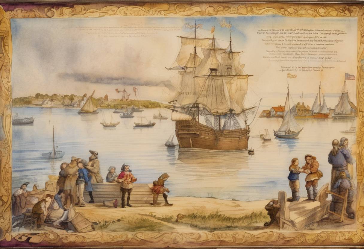 Watercolor painting based depiction of The Mayflower Compact was signed by Pilgrims aboard the Mayflower in Provincetown Harbor, laying the foundation for self-governance in the Plymouth Colony. (1620)