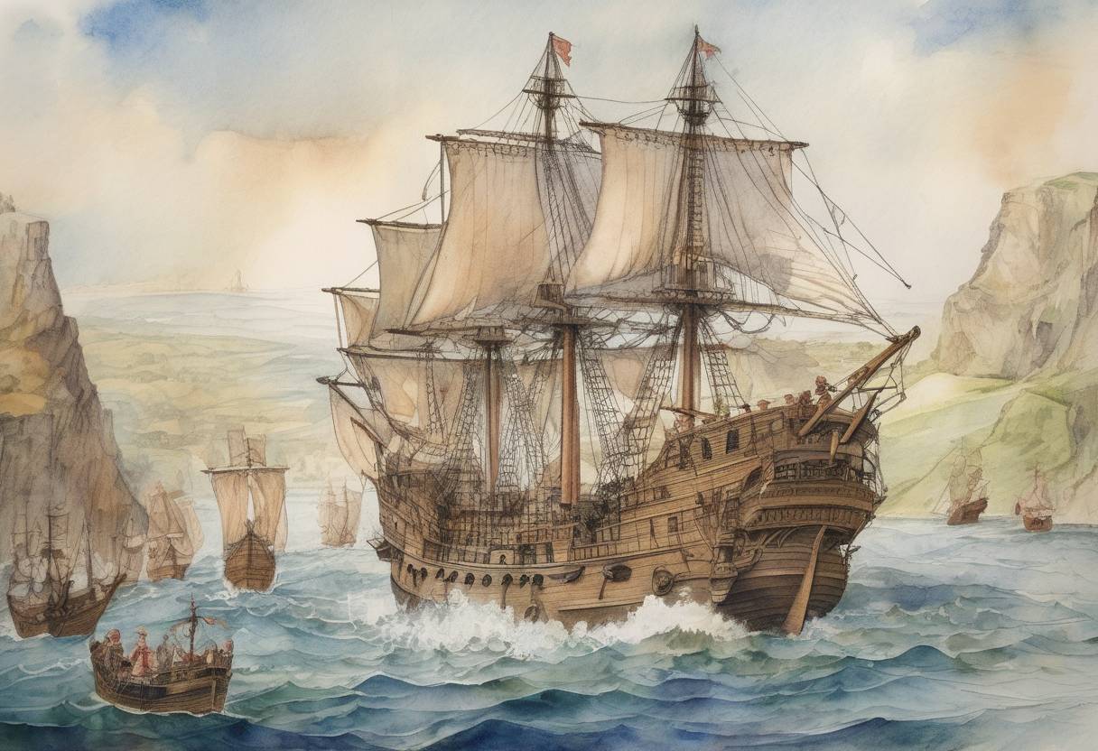 Watercolor painting based depiction of Sir Francis Drake sets sail from Plymouth, England, on his voyage around the world. (1577)