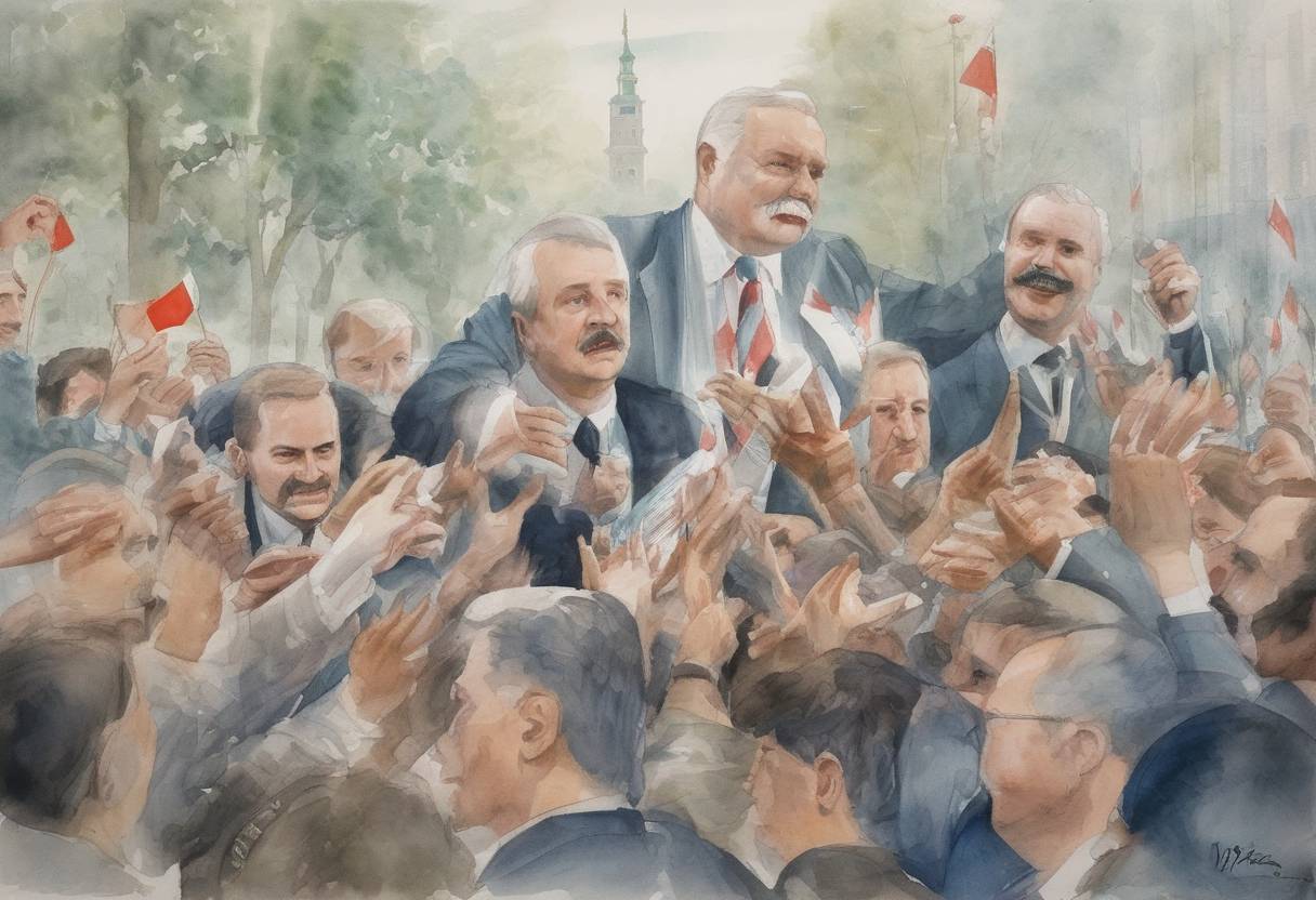 Watercolor painting based depiction of Lech Wałęsa is elected President of Poland, becoming the first democratically elected president of the country after the fall of communism. (1990)