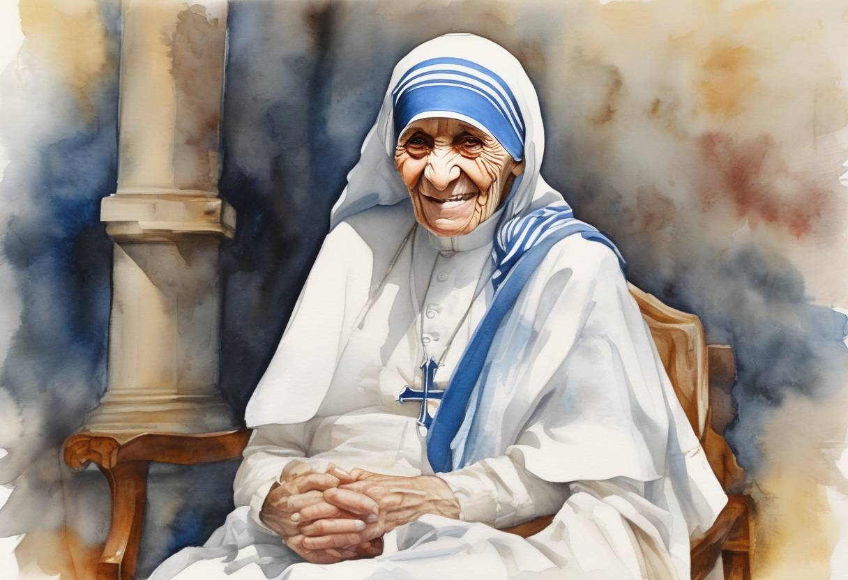 Watercolor painting based depiction of Mother Teresa was canonized as a saint by Pope Francis in a ceremony at the Vatican, recognizing her lifetime of work with the poor and sick in India. (2016)