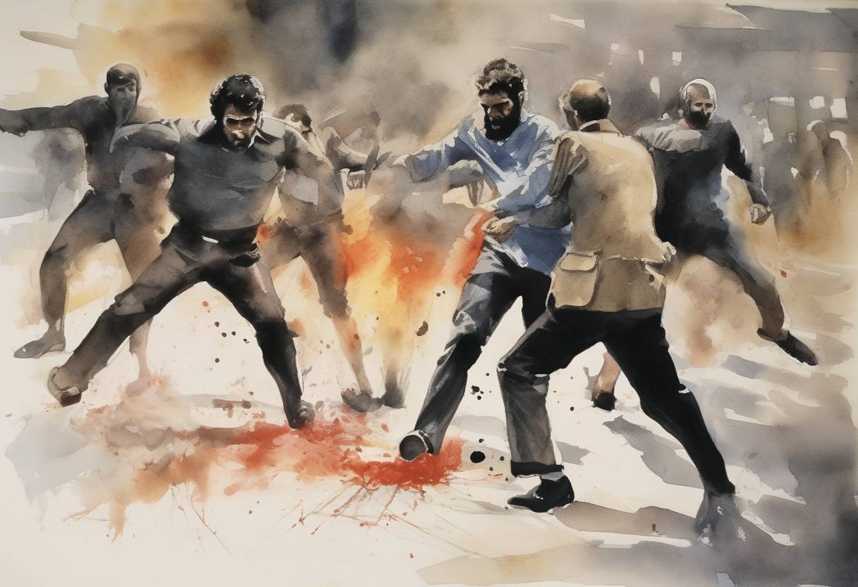 Watercolor painting based depiction of Munich Massacre: A Palestinian terrorist group called Black September takes eleven Israeli athletes hostage at the Munich Olympic Games; all hostages are killed. (1972)