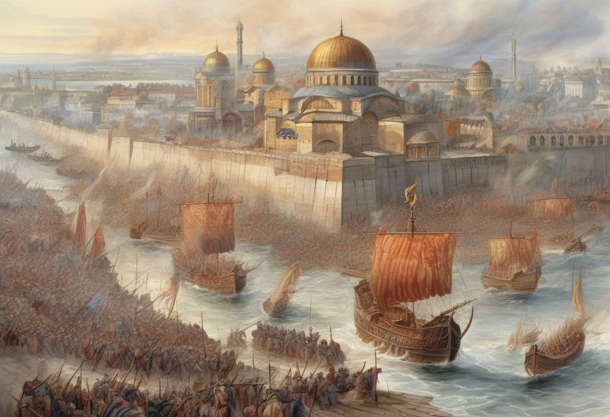 Watercolor painting based depiction of The Rus'–Byzantine War of 860 begins with the Rus' attacking Constantinople. (860)