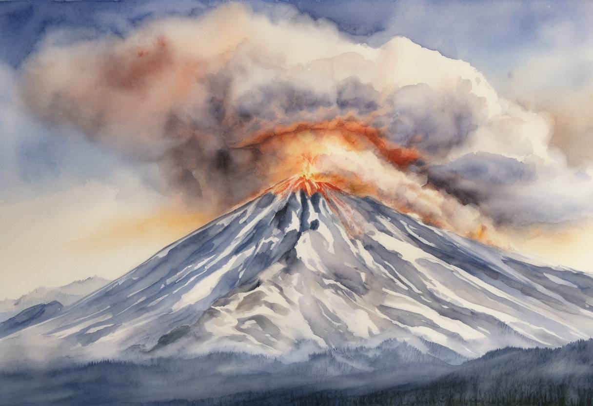 Watercolor painting based depiction of The Alaskan volcano Mount Cleveland erupted, sending ash clouds into the sky and prompting aviation warnings. (2006)