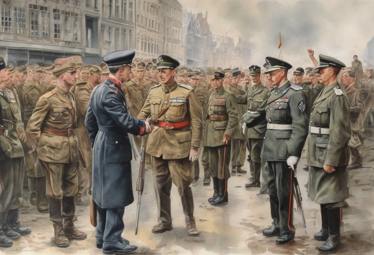 Watercolor painting based depiction of Belgian King Leopold III surrenders to German forces during World War II, leading to the occupation of Belgium. (1940)