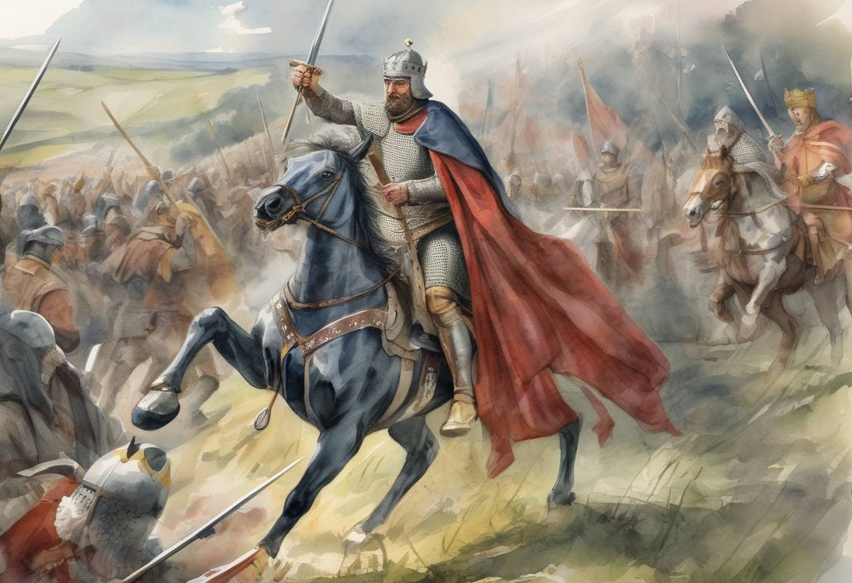 Watercolor painting based depiction of Robert the Bruce of Scotland defeated King Edward II of England at the Battle of Old Byland, securing Scottish independence. (1322)