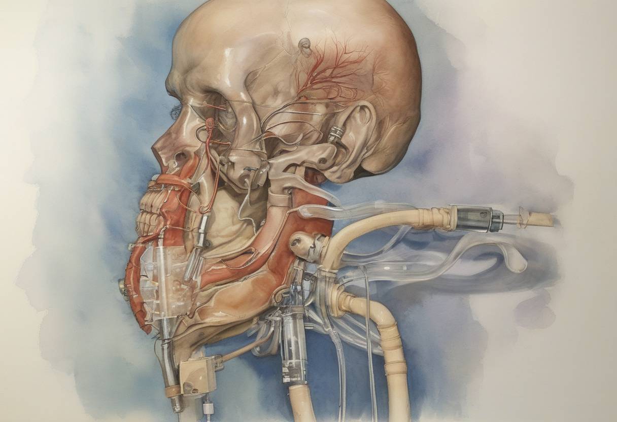 Watercolor painting based depiction of Barney Clark became the first human to receive a permanent artificial heart, the Jarvik-7, in a surgery performed by Dr. William DeVries. (1982)