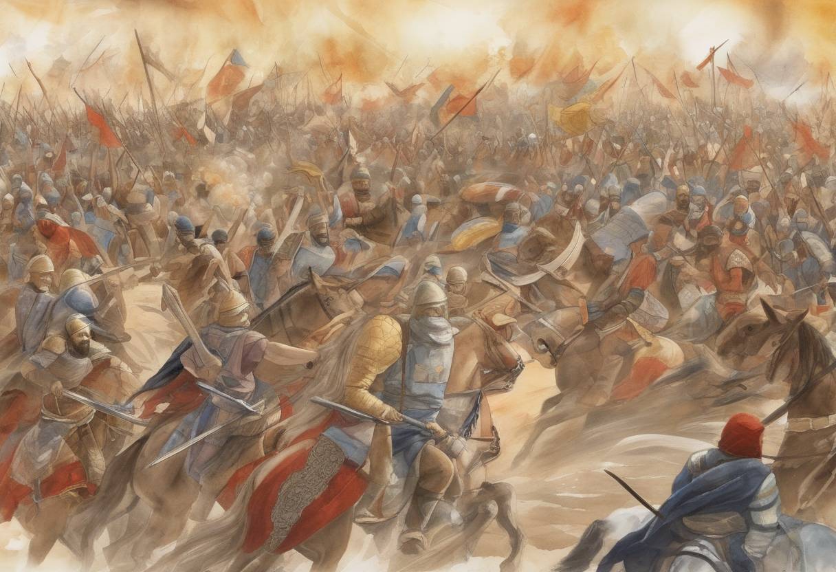 Watercolor painting based depiction of The Battle of al-Qadisiyyah begins, a pivotal conflict between the Sassanid Empire and the Rashidun Caliphate, which ultimately led to the Muslim conquest of Persia. (636)