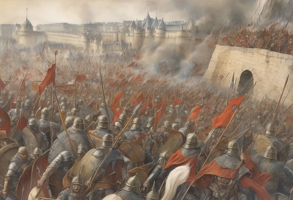 Watercolor painting based depiction of The Siege of Paris by Viking forces begins, marking a significant event in the Viking invasions of the Frankish Empire. (845)