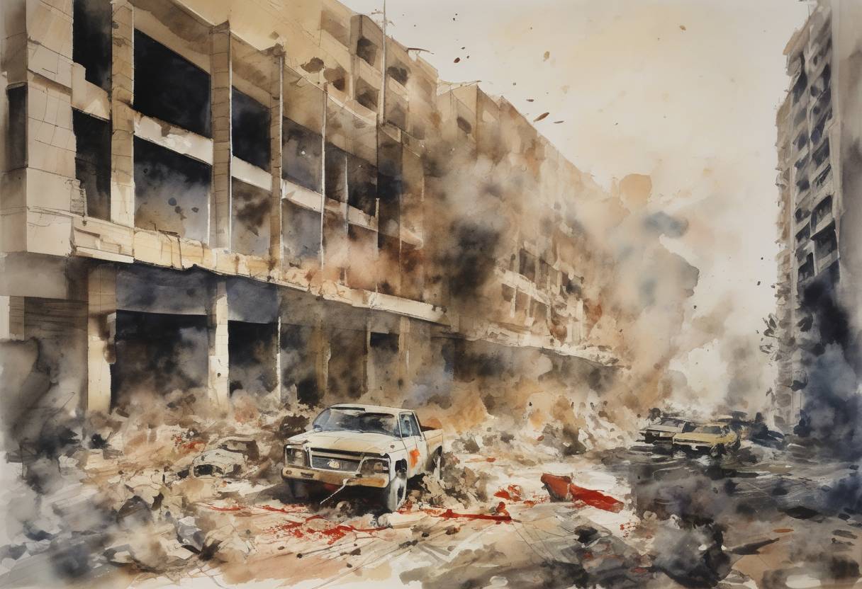 Watercolor painting based depiction of The Beirut barracks bombings occurred, killing 241 U.S. and 58 French military personnel during the Lebanese Civil War. (1983)