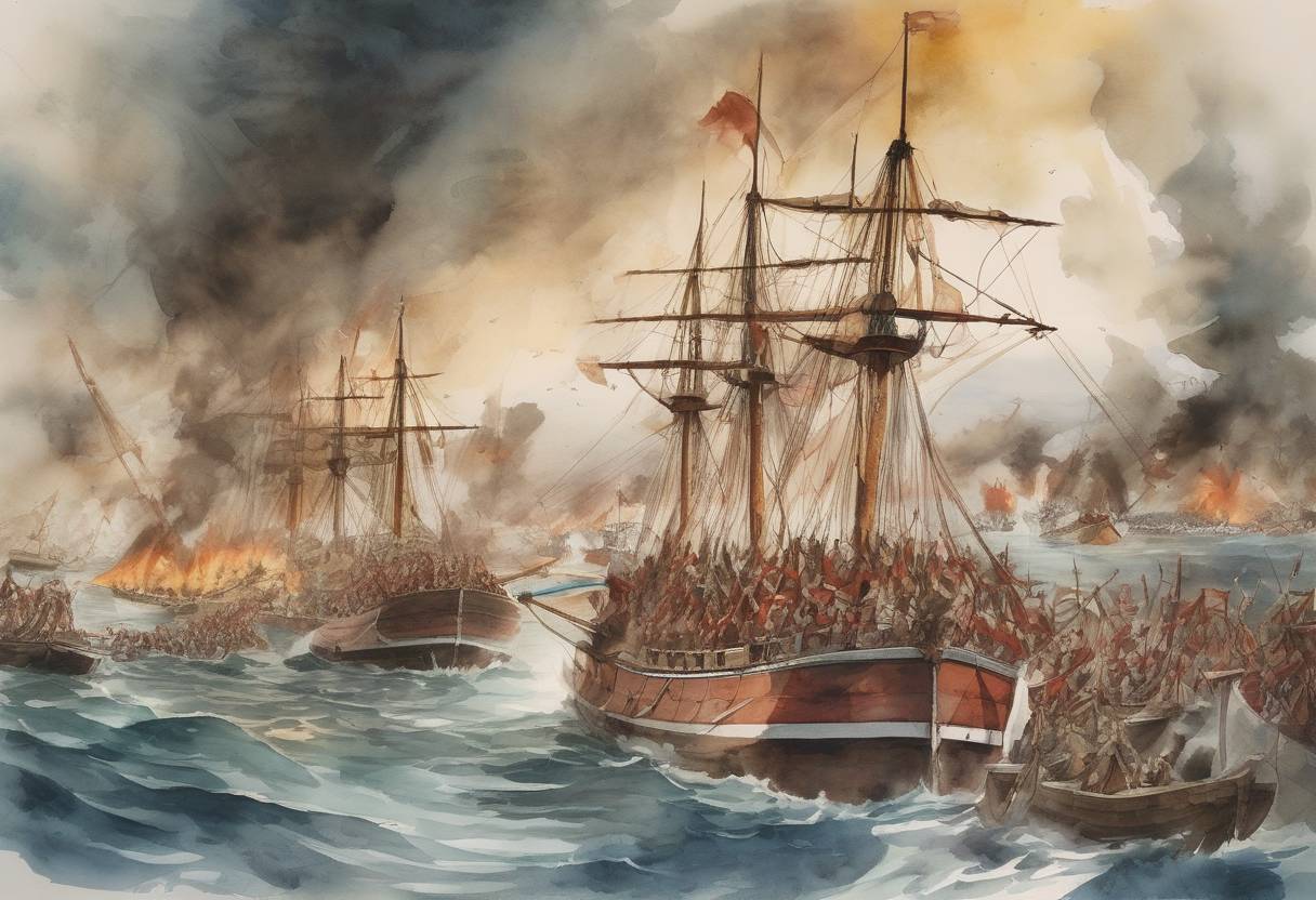Watercolor painting based depiction of The Battle of Salamis, a significant naval battle during the Greco-Persian Wars, took place. The Greek fleet, under the command of Themistocles, achieved a decisive victory against the Persian fleet led by King Xerxes I. (480)