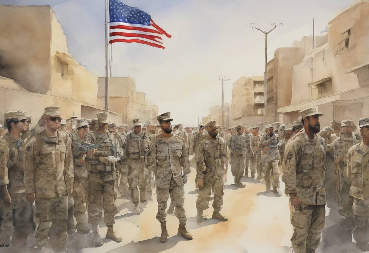 Watercolor painting based depiction of The United States formally ended its military mission in Iraq with a ceremony in Baghdad, marking the withdrawal of the last U.S. troops from the country. (2011)