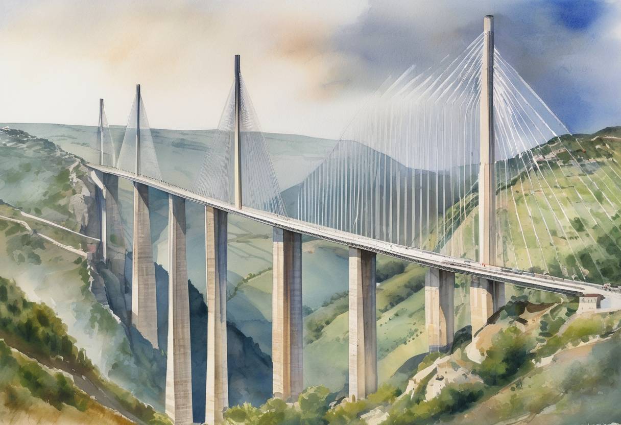 Watercolor painting based depiction of The Millau Viaduct, the world's tallest bridge, was officially opened in France. (2004)