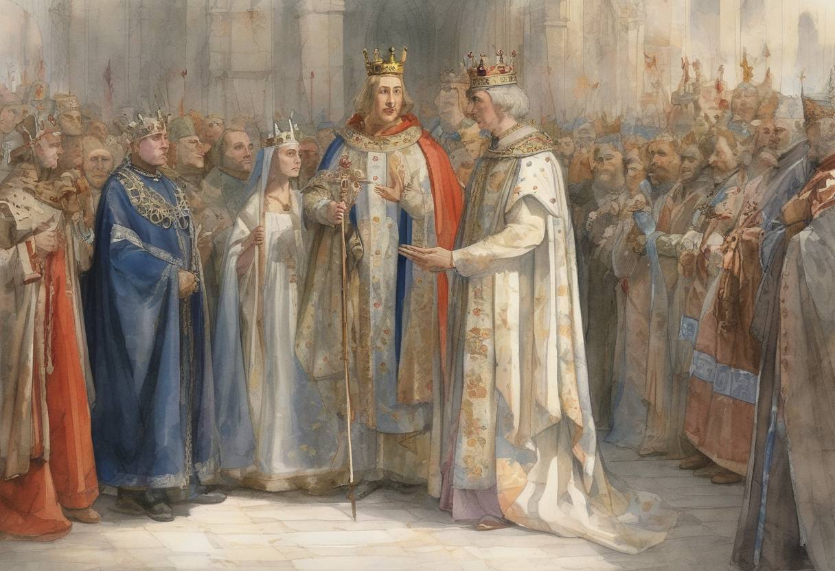 Watercolor painting based depiction of Duke Wladyslaw I of Poland is crowned king, marking the beginning of the reunification of Poland after a period of fragmentation. (1320)