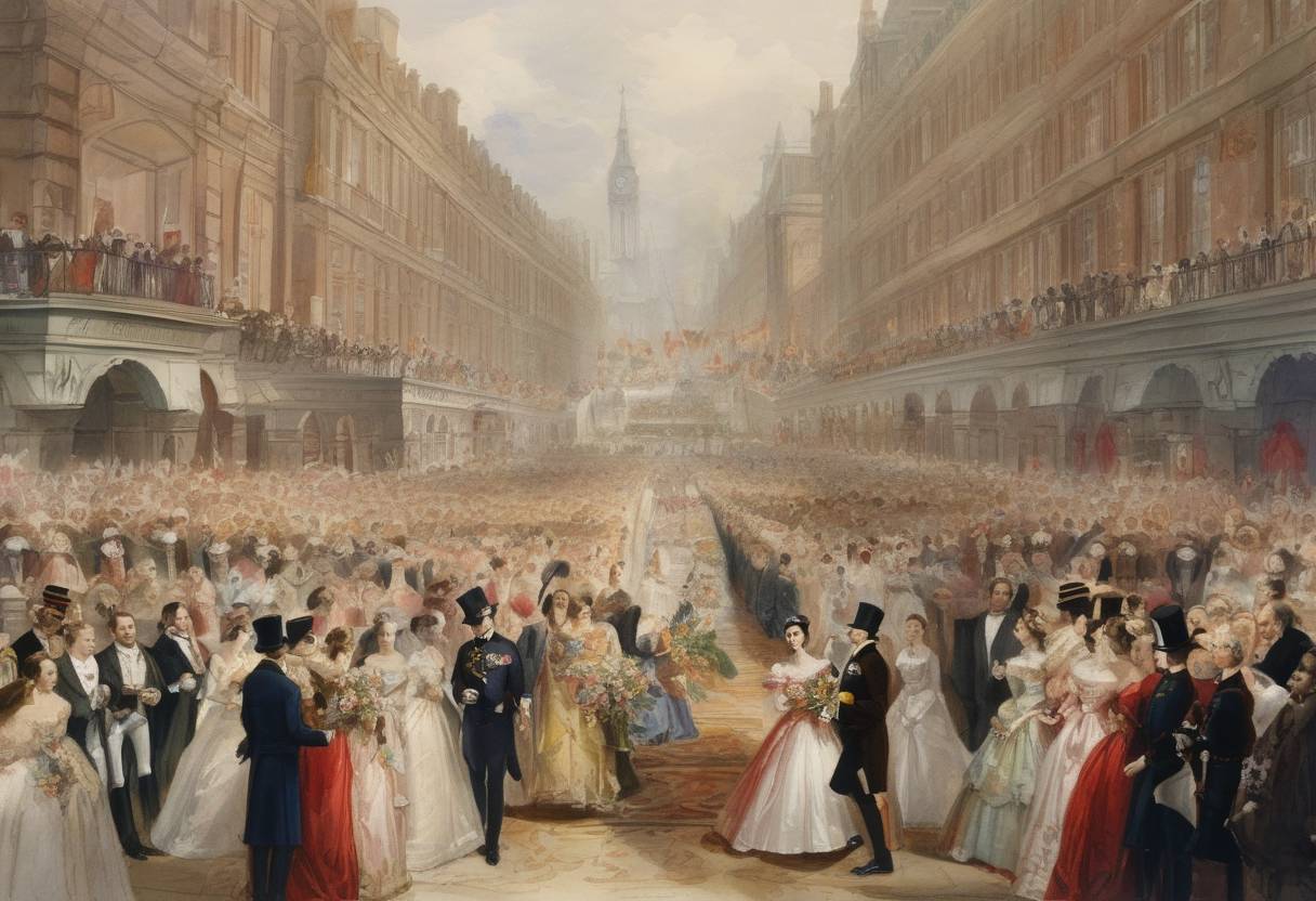 Watercolor painting based depiction of The Wedding March by Felix Mendelssohn is played at the marriage of Queen Victoria's daughter, Victoria, and Friedrich of Prussia, popularizing the piece as a wedding recessional. (1858)