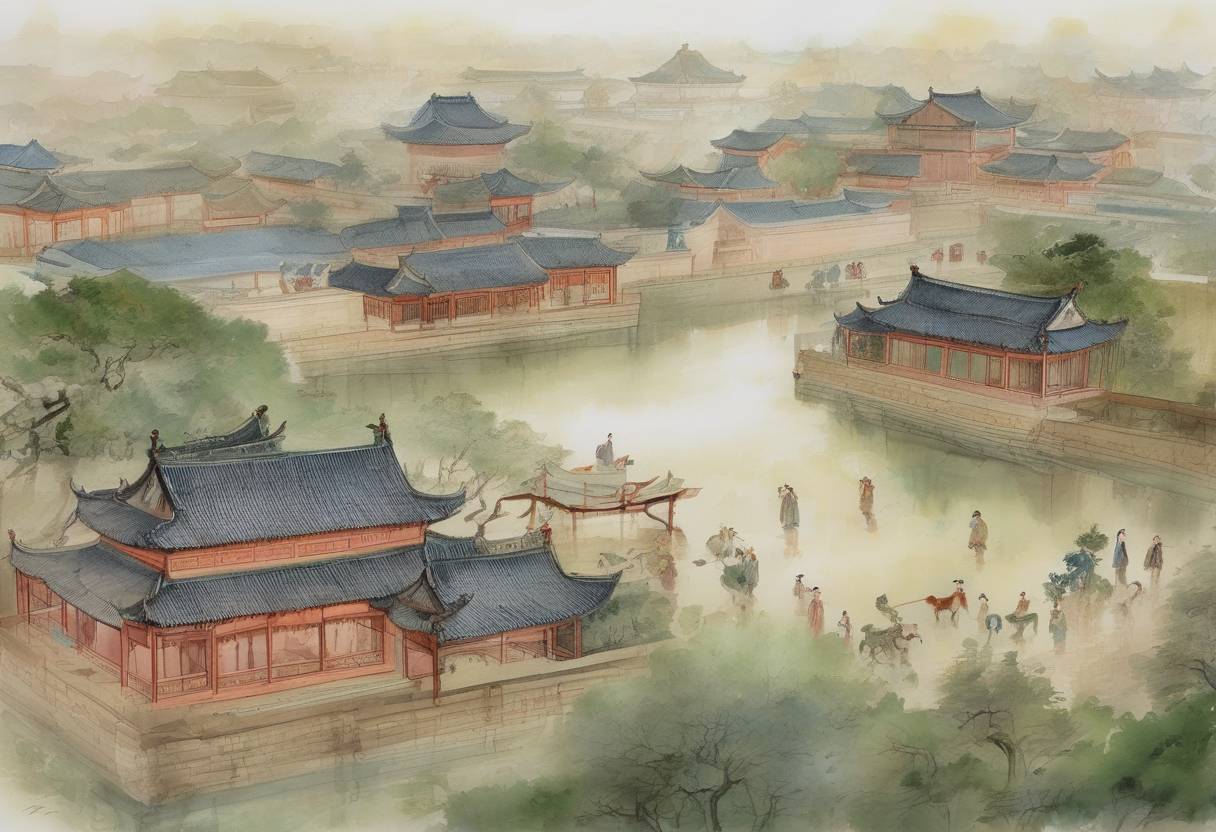 Watercolor painting based depiction of The Song dynasty is established in China by Emperor Taizu, marking the beginning of a period known for its advancements in technology, culture, and economics. (960)