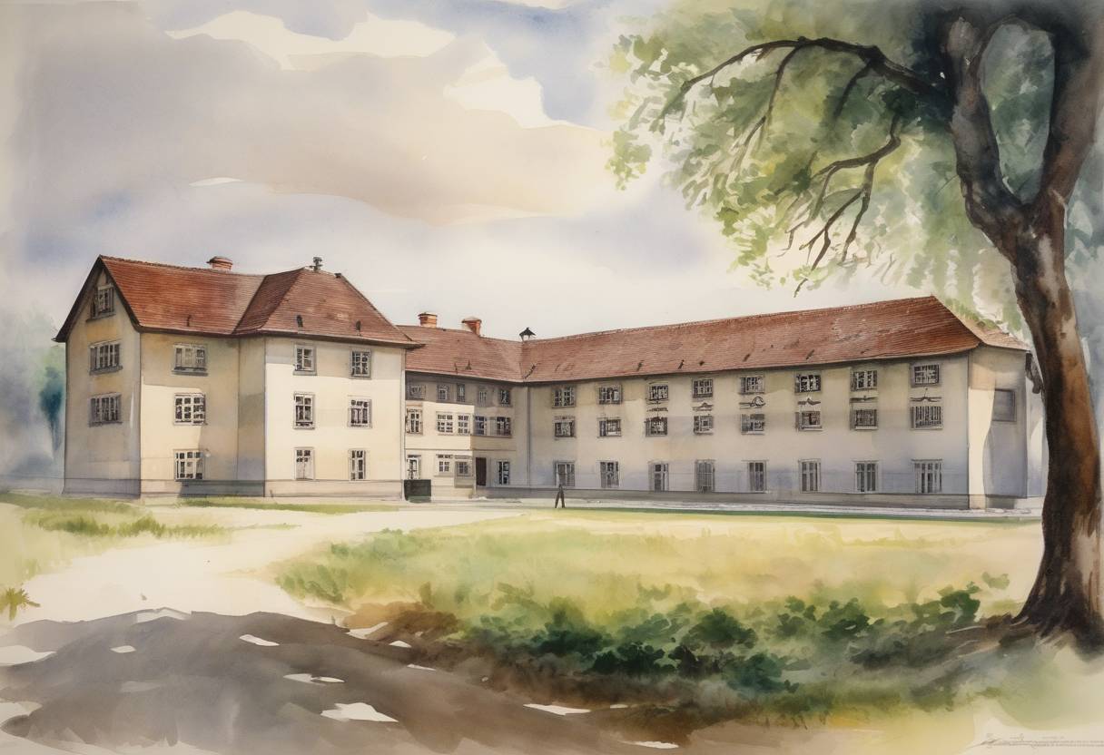 Watercolor painting based depiction of The first Nazi concentration camp, Dachau, was opened in Germany. It was initially intended to hold political prisoners and became a model for other concentration camps that followed. (1933)
