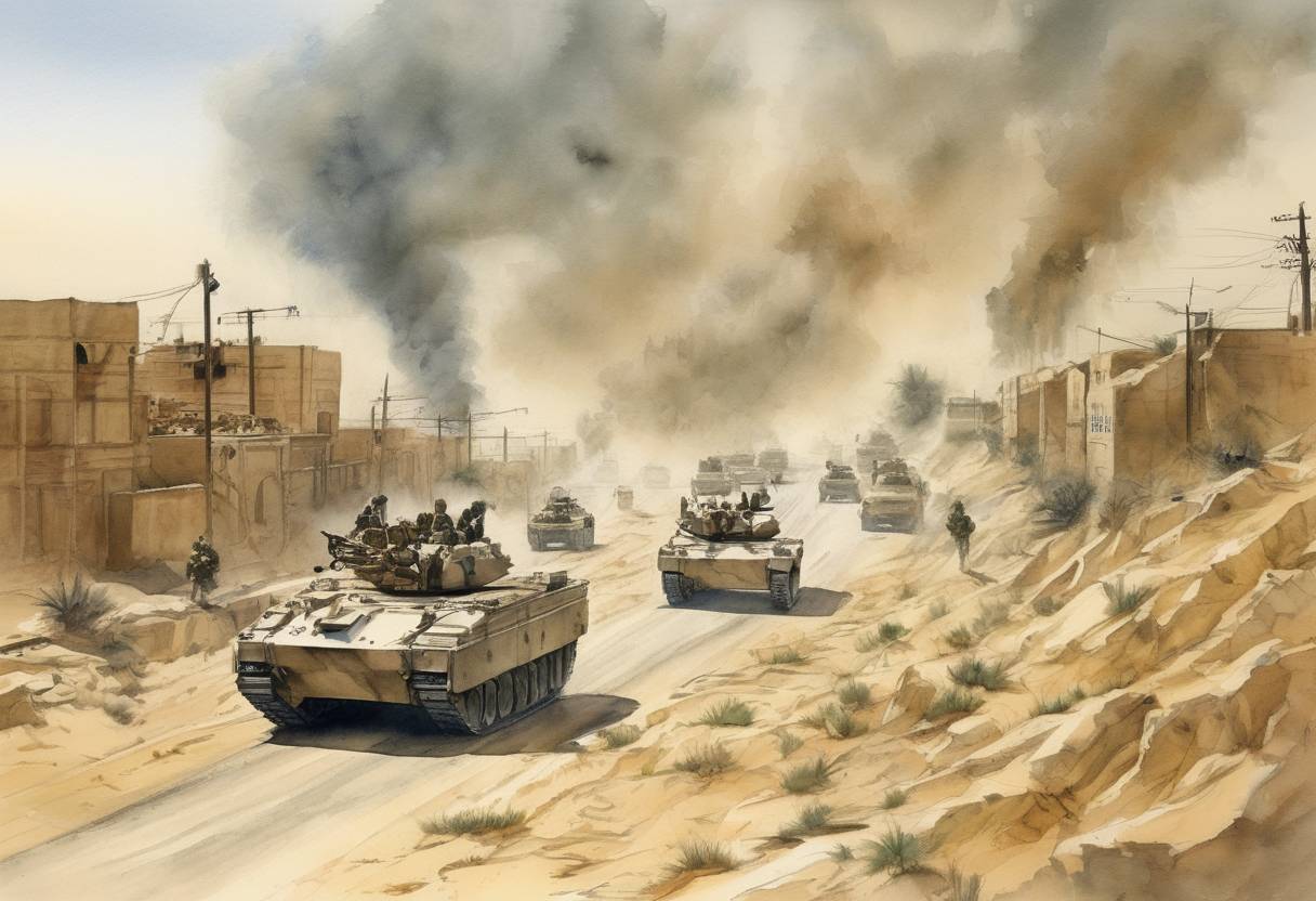 Watercolor painting based depiction of In the Gulf War, ground troops cross the Saudi Arabian border and enter Iraq, marking the beginning of the ground phase of Operation Desert Storm. (1991)
