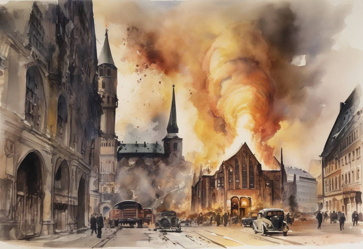 Watercolor painting based depiction of An assassination attempt on Adolf Hitler failed when a bomb exploded at the Bürgerbräukeller in Munich, shortly after Hitler had left the building. (1939)