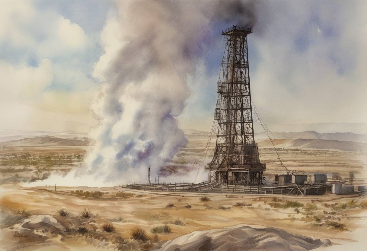 Watercolor painting based depiction of Lakeview Gusher, the largest U.S. oil well gusher, begins in Kern County, California, eventually releasing 9 million barrels of crude oil. (1910)