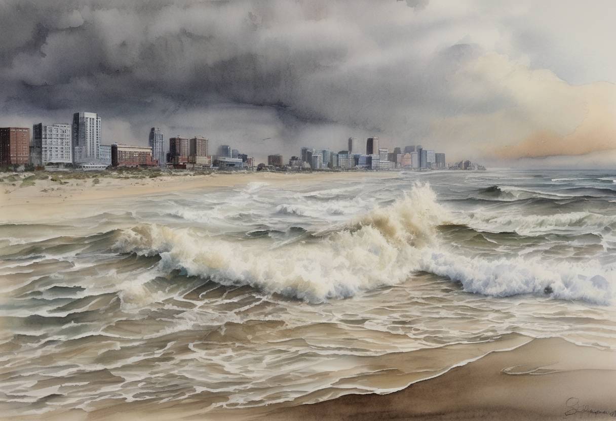 Watercolor painting based depiction of Hurricane Sandy made landfall in the United States, causing widespread destruction across the northeastern states. It was one of the costliest hurricanes in U.S. history, leading to significant loss of life and property damage. (2012)
