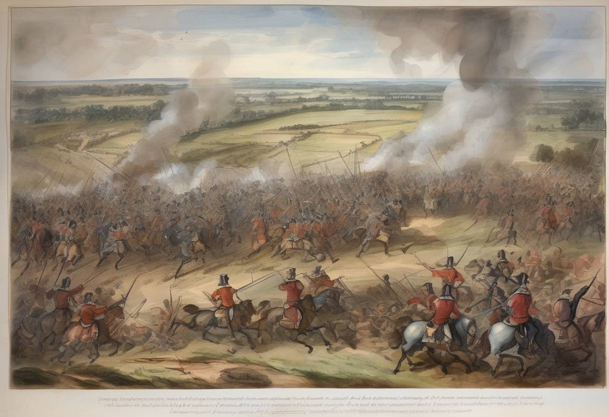 Watercolor painting based depiction of The Battle of Rowton Heath takes place during the English Civil War, resulting in a victory for the Parliamentarians over the Royalists. (1644)