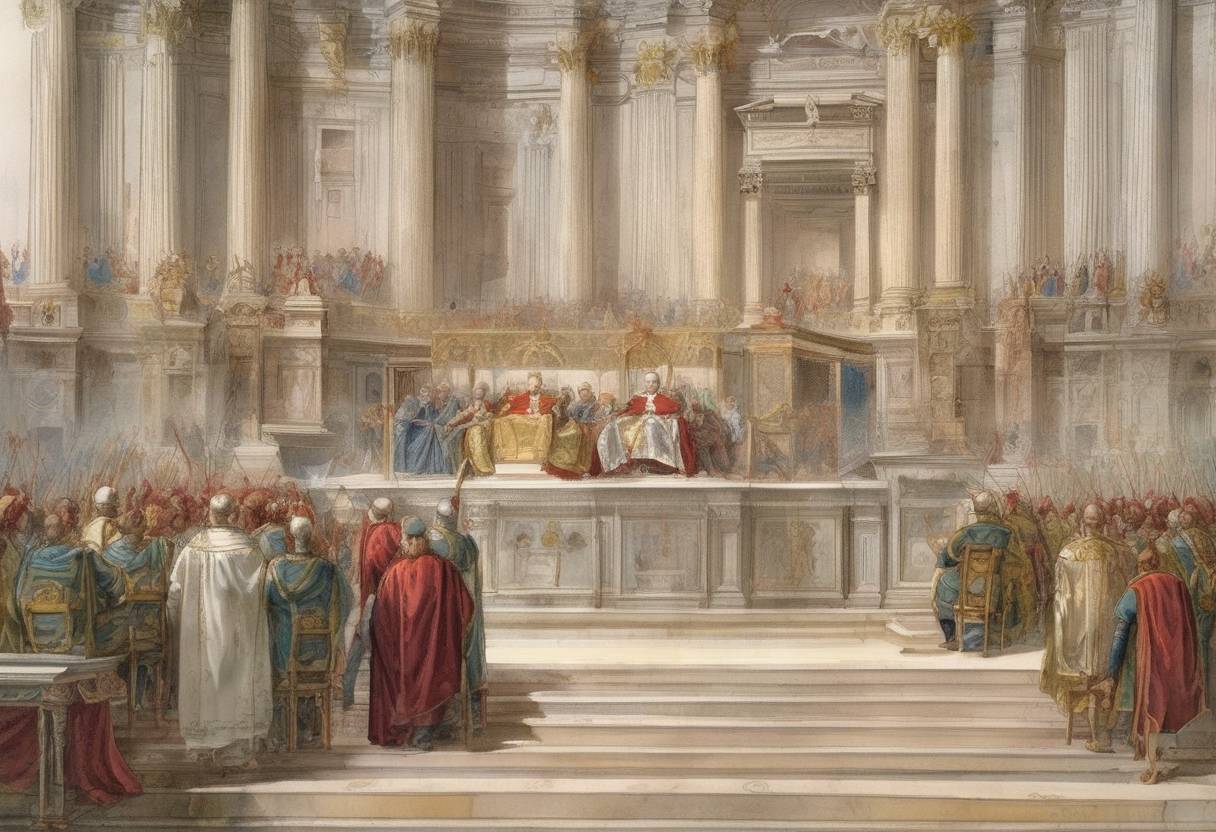 Watercolor painting based depiction of The Third Lateran Council, convened by Pope Alexander III, concluded. It addressed issues such as the election of popes and the condemnation of simony. (1179)