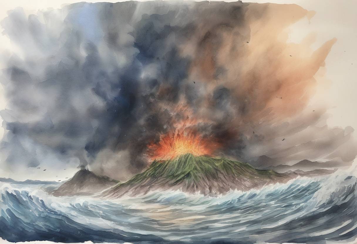 Watercolor painting based depiction of A tsunami triggered by an undersea landslide caused by the eruption of Anak Krakatoa struck the Sunda Strait in Indonesia, resulting in over 400 deaths and widespread destruction. (2018)