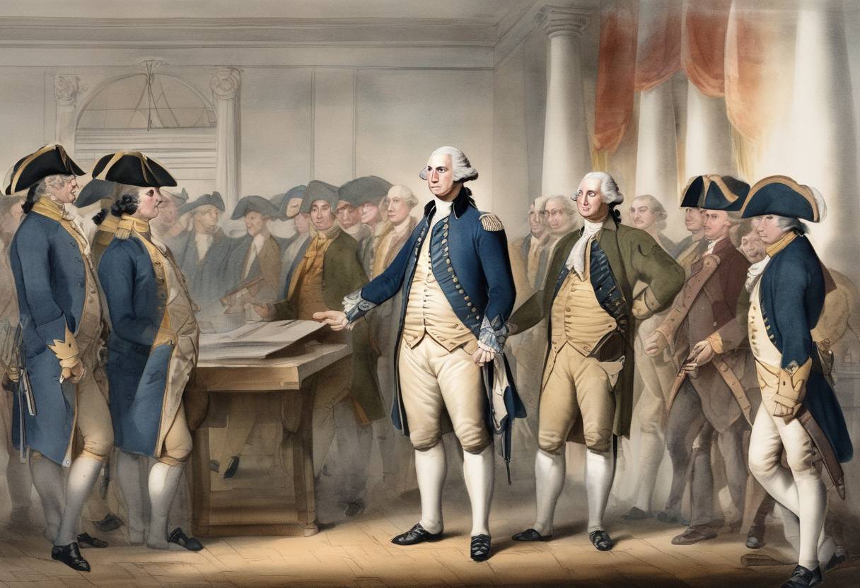 Watercolor painting based depiction of George Washington resigned as commander-in-chief of the Continental Army, marking the end of his military service in the American Revolutionary War. (1783)