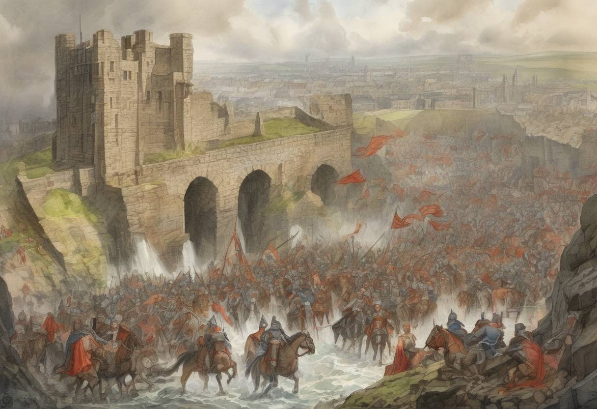 Watercolor painting based depiction of The Kingdom of Dublin falls to Norman invaders. (1170)