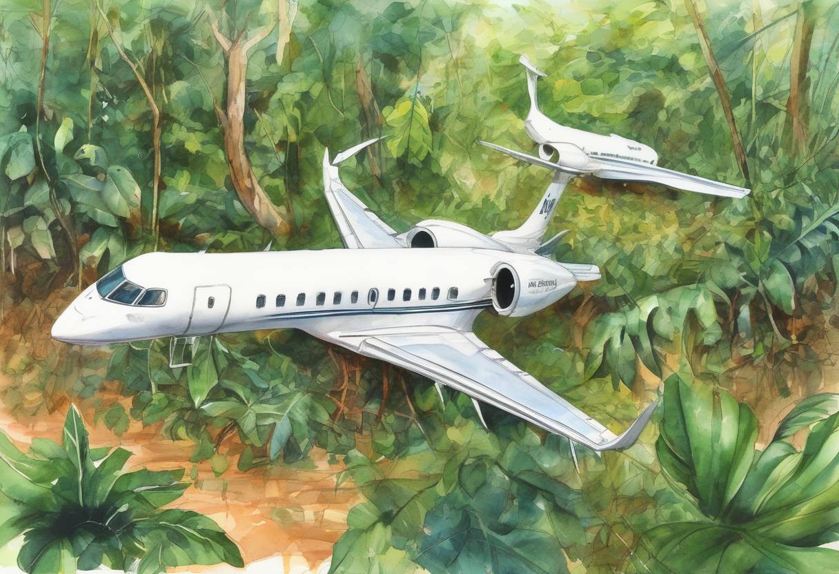 Watercolor painting based depiction of Gol Transportes Aéreos Flight 1907 collides with an Embraer Legacy 600 business jet and crashes in the Amazon rainforest, killing all 154 people on board. (2006)