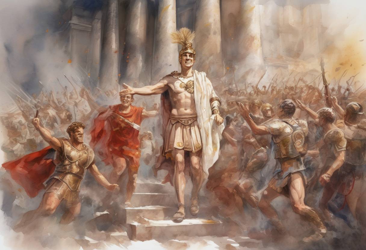 Watercolor painting based depiction of The Roman Emperor Domitian celebrates a triumph over the Chatti, a Germanic tribe, marking a significant military victory for Rome. (86)