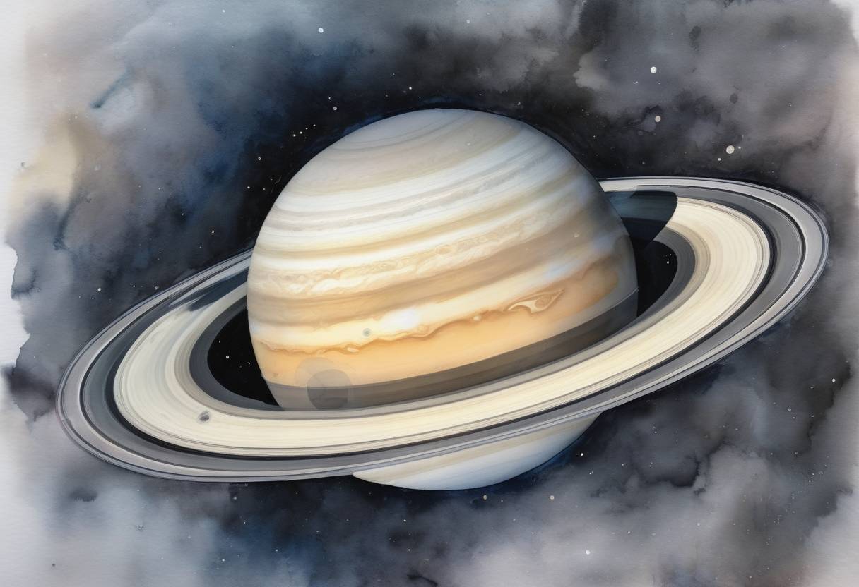 Watercolor painting based depiction of The Cassini spacecraft, a collaboration between NASA, ESA, and the Italian Space Agency, ended its mission by plunging into Saturn's atmosphere after 13 years of exploration. (2017)