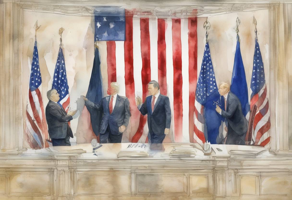 Watercolor painting based depiction of The United States National Security Strategy was released, emphasizing 'America First' and identifying China and Russia as competitors. (2017)