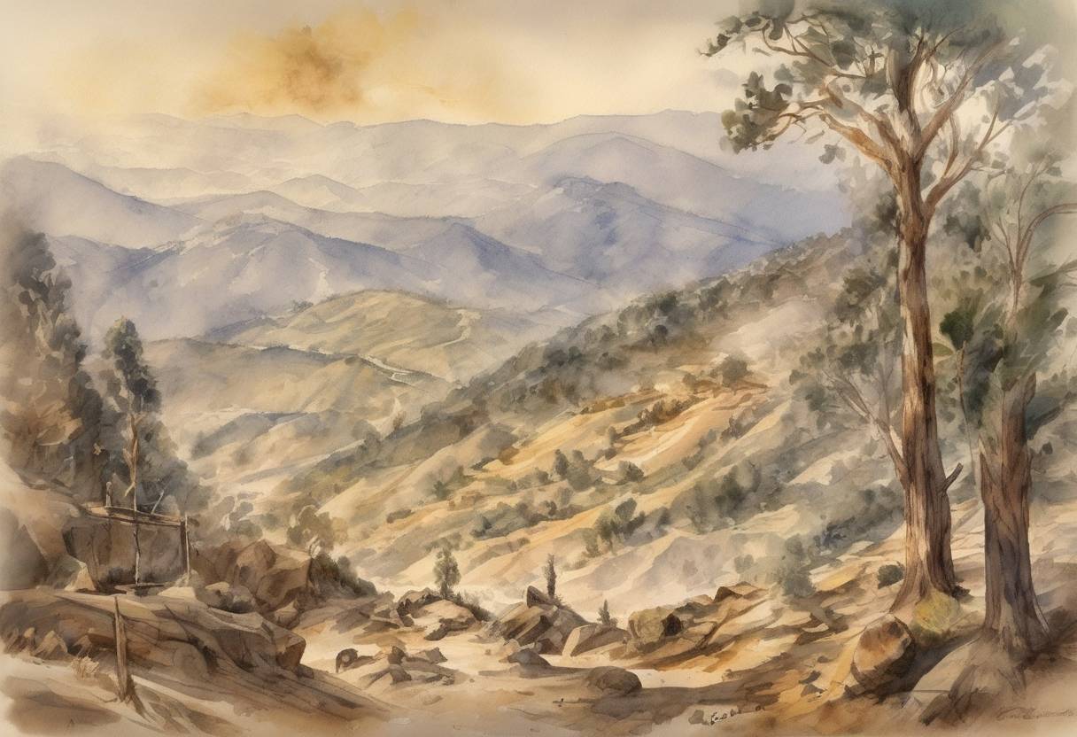 Watercolor painting based depiction of The first documented discovery of gold in California occurred at Rancho San Francisco, six years before the famous California Gold Rush. (1842)