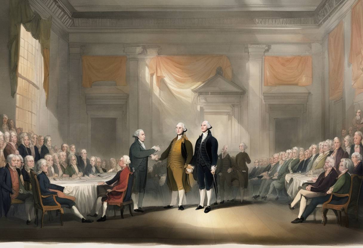 Watercolor painting based depiction of George Washington delivered the first State of the Union address in New York City, then the provisional capital of the United States. (1790)