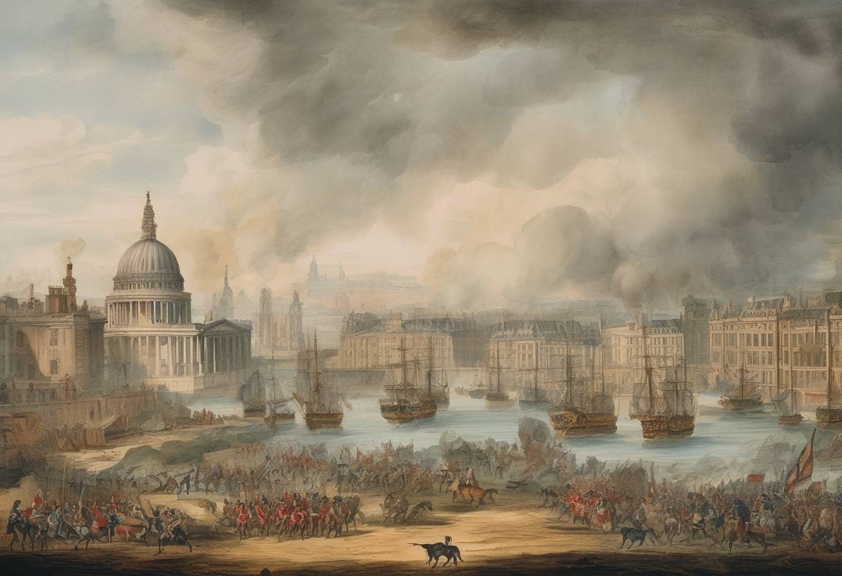 Watercolor painting based depiction of Great Britain declared war on Spain, expanding the Seven Years' War. (1762)