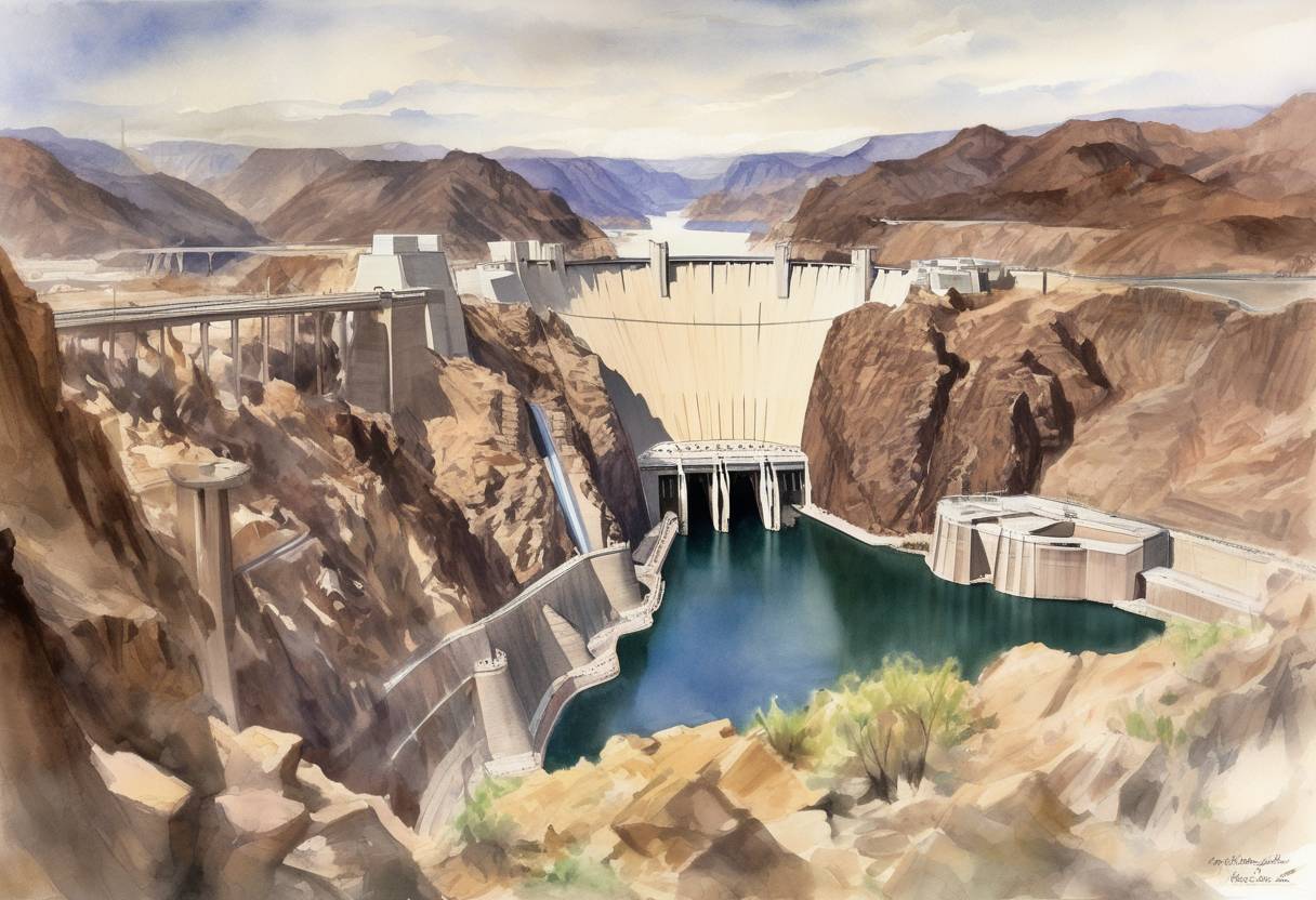Watercolor painting based depiction of The Hoover Dam, originally known as Boulder Dam, is dedicated by President Franklin D. Roosevelt. (1936)