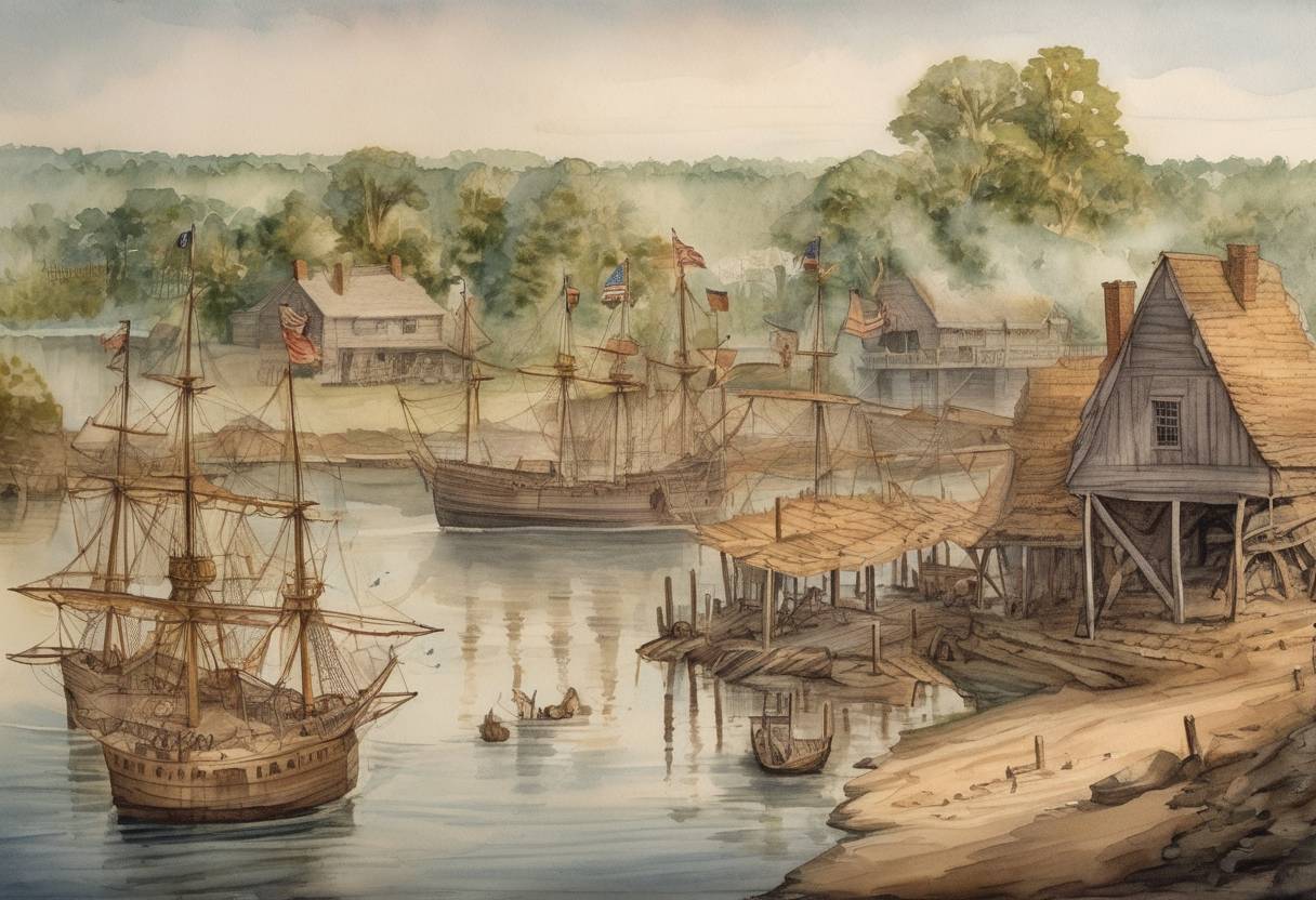 Watercolor painting based depiction of Jamestown, the first permanent English settlement in America, was burned to the ground during Bacon's Rebellion, a revolt led by Nathaniel Bacon against the colonial government in Virginia. (1676)