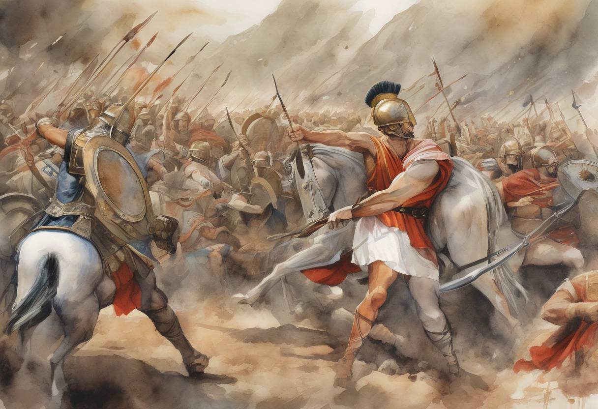 Watercolor painting based depiction of The Battle of Thermopylae concludes during the Greco-Persian Wars, with the Persian forces under Xerxes I defeating the Greek city-states. (479)