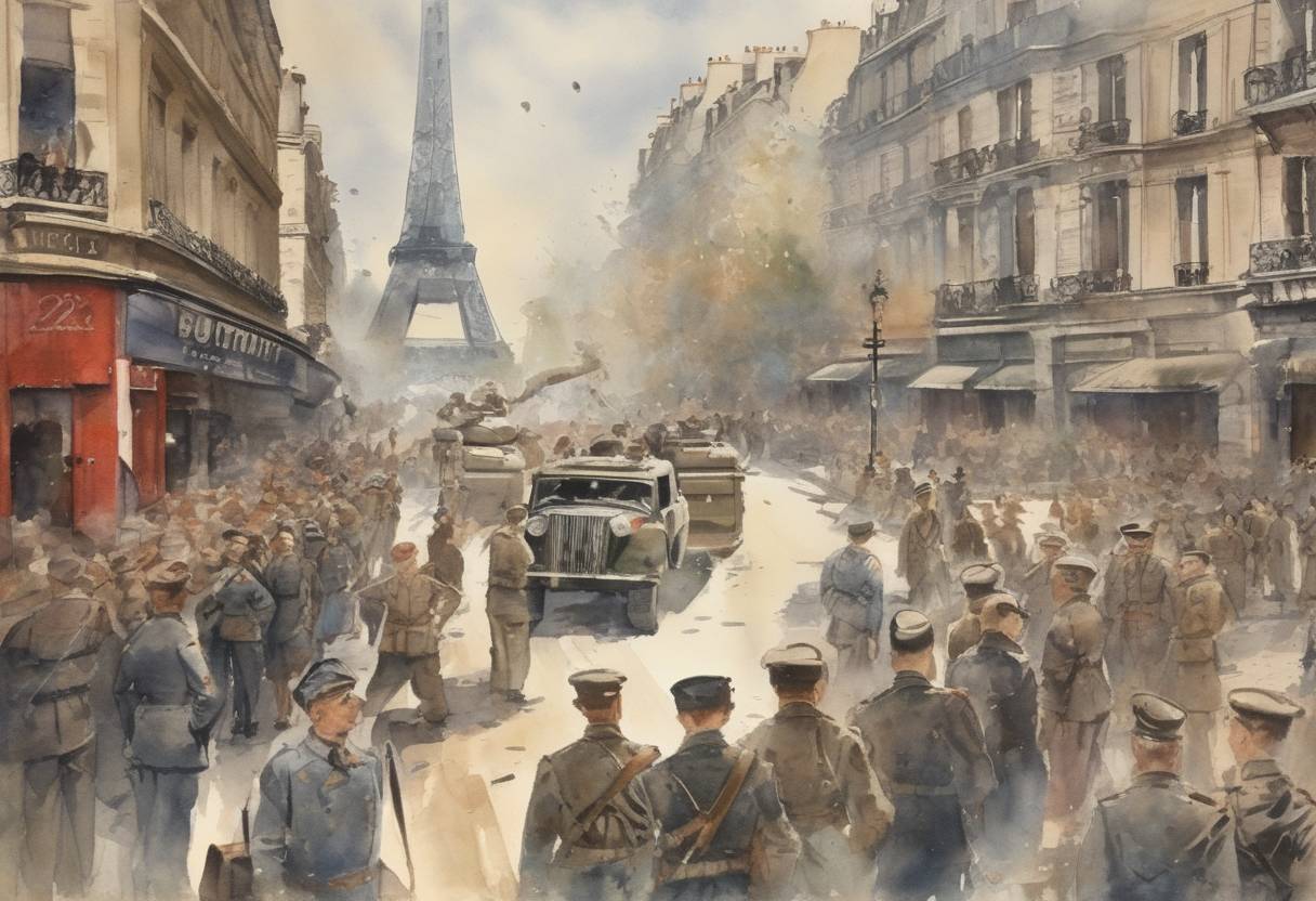 Watercolor painting based depiction of Paris is liberated by the Allies during World War II. (1944)