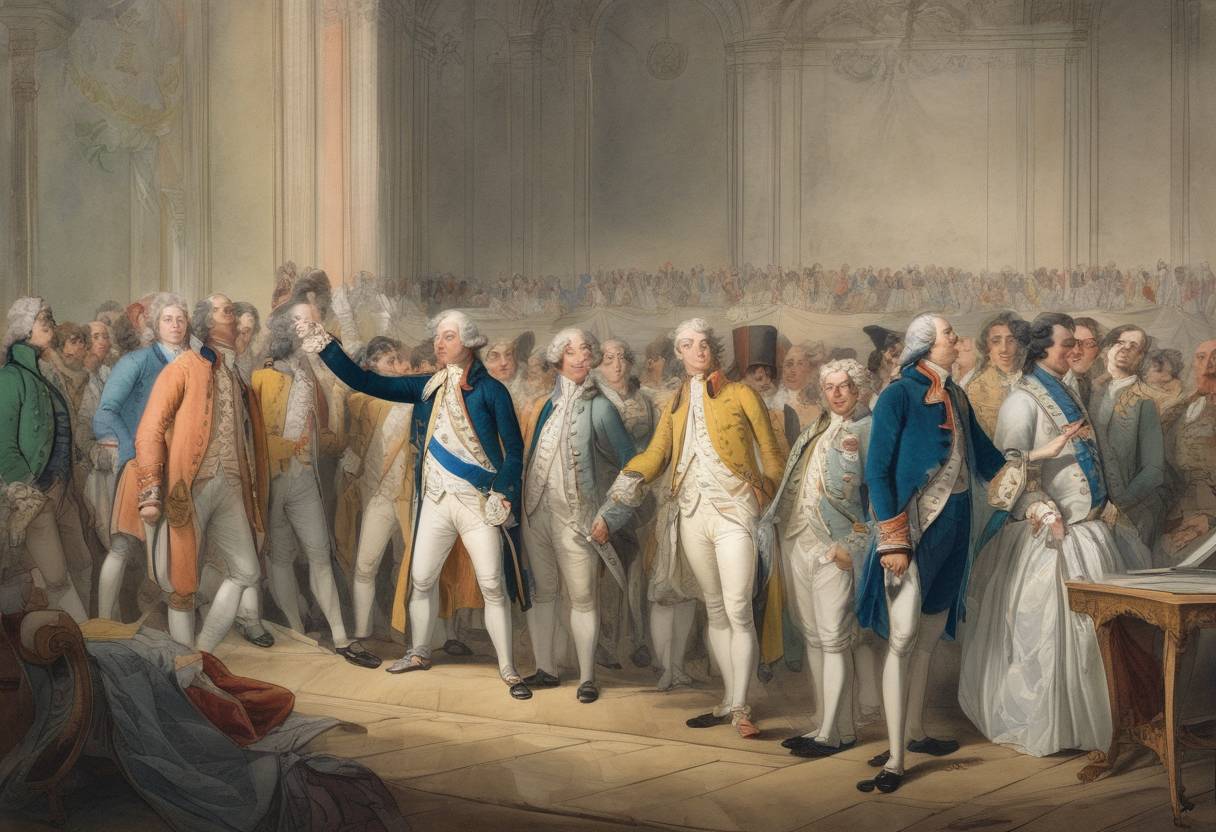 Watercolor painting based depiction of The Tennis Court Oath is taken by members of the French Third Estate, marking a pivotal event in the early days of the French Revolution. (1789)
