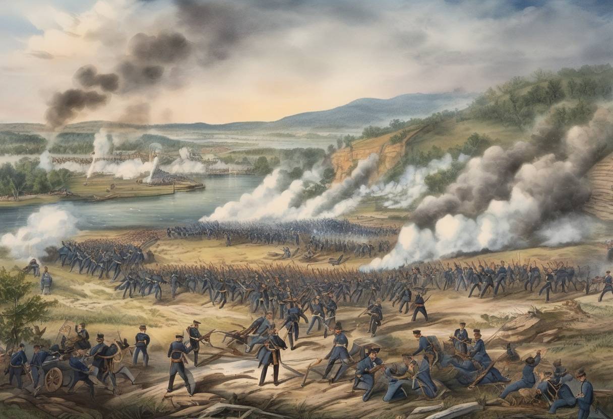 Watercolor painting based depiction of The Battle of Chattanooga begins during the American Civil War, where Union forces under Major General Ulysses S. Grant launch an offensive against Confederate troops, leading to a significant Union victory. (1863)