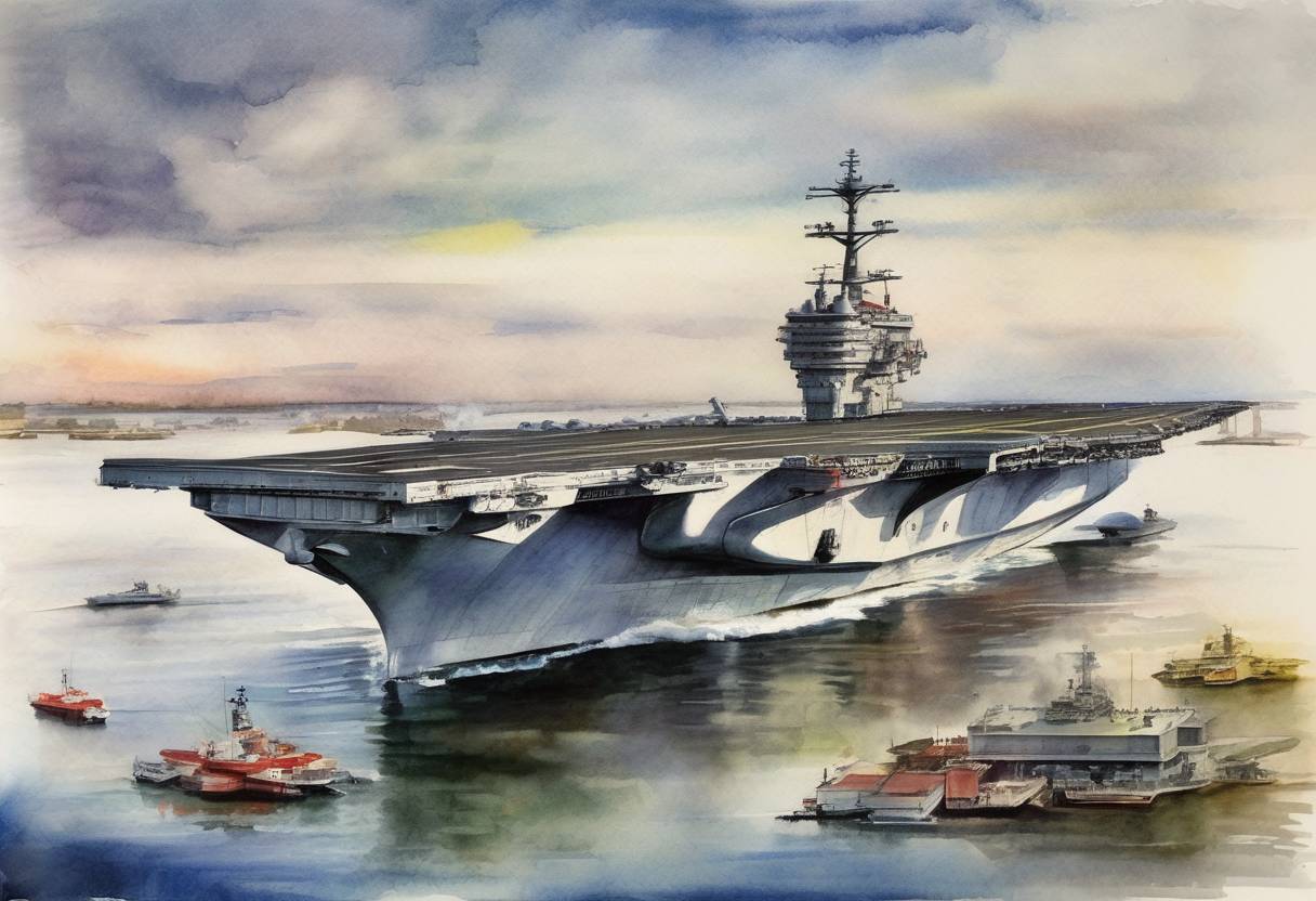 Watercolor painting based depiction of The USS Enterprise, the world's first nuclear-powered aircraft carrier, was launched in Newport News, Virginia. (1960)