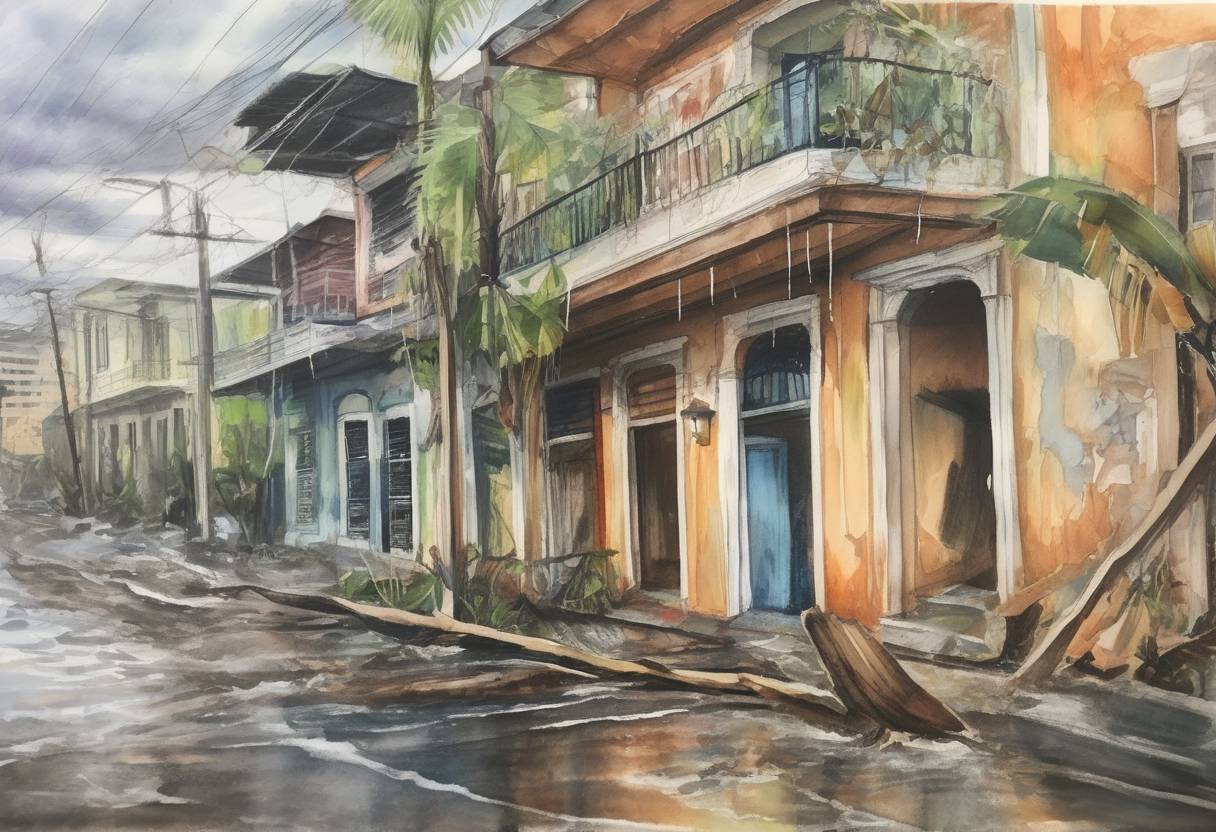 Watercolor painting based depiction of Hurricane Maria made landfall in Puerto Rico as a Category 4 hurricane, causing widespread devastation, significant loss of life, and a humanitarian crisis. The storm resulted in the longest blackout in U.S. history. (2017)