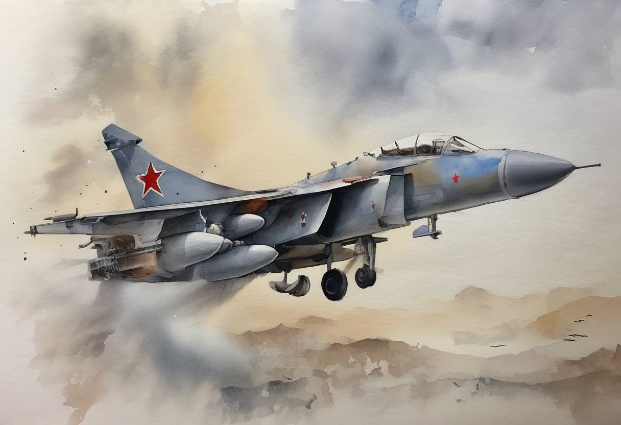 Watercolor painting based depiction of Turkey shot down a Russian Sukhoi Su-24 fighter jet near the Syria-Turkey border, escalating tensions between the two countries. (2015)