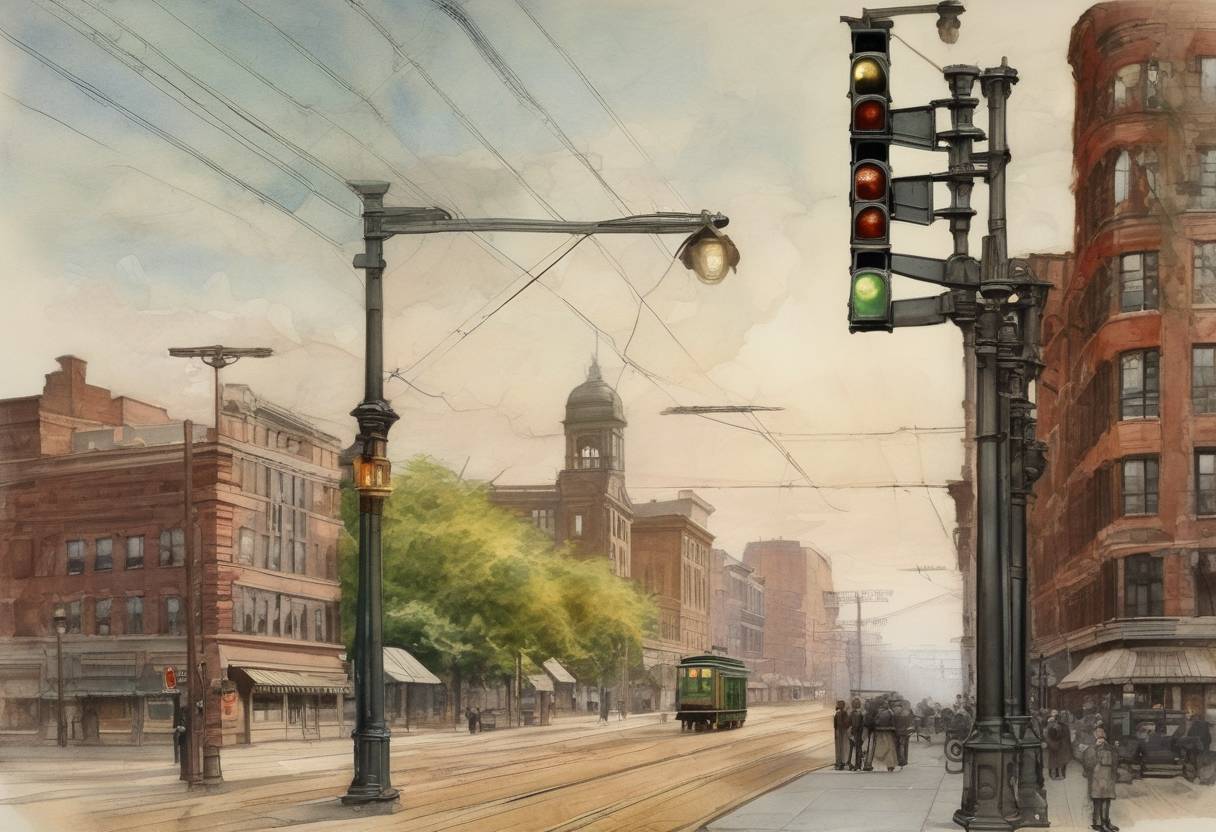 Watercolor painting based depiction of The first electric traffic light was installed in Cleveland, Ohio. (1914)