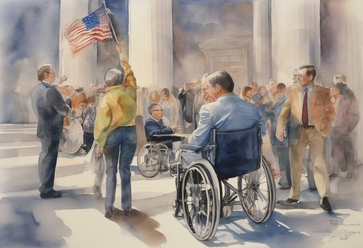 Watercolor painting based depiction of The Americans with Disabilities Act (ADA) was signed into law by President George H. W. Bush, prohibiting discrimination based on disability. (1990)