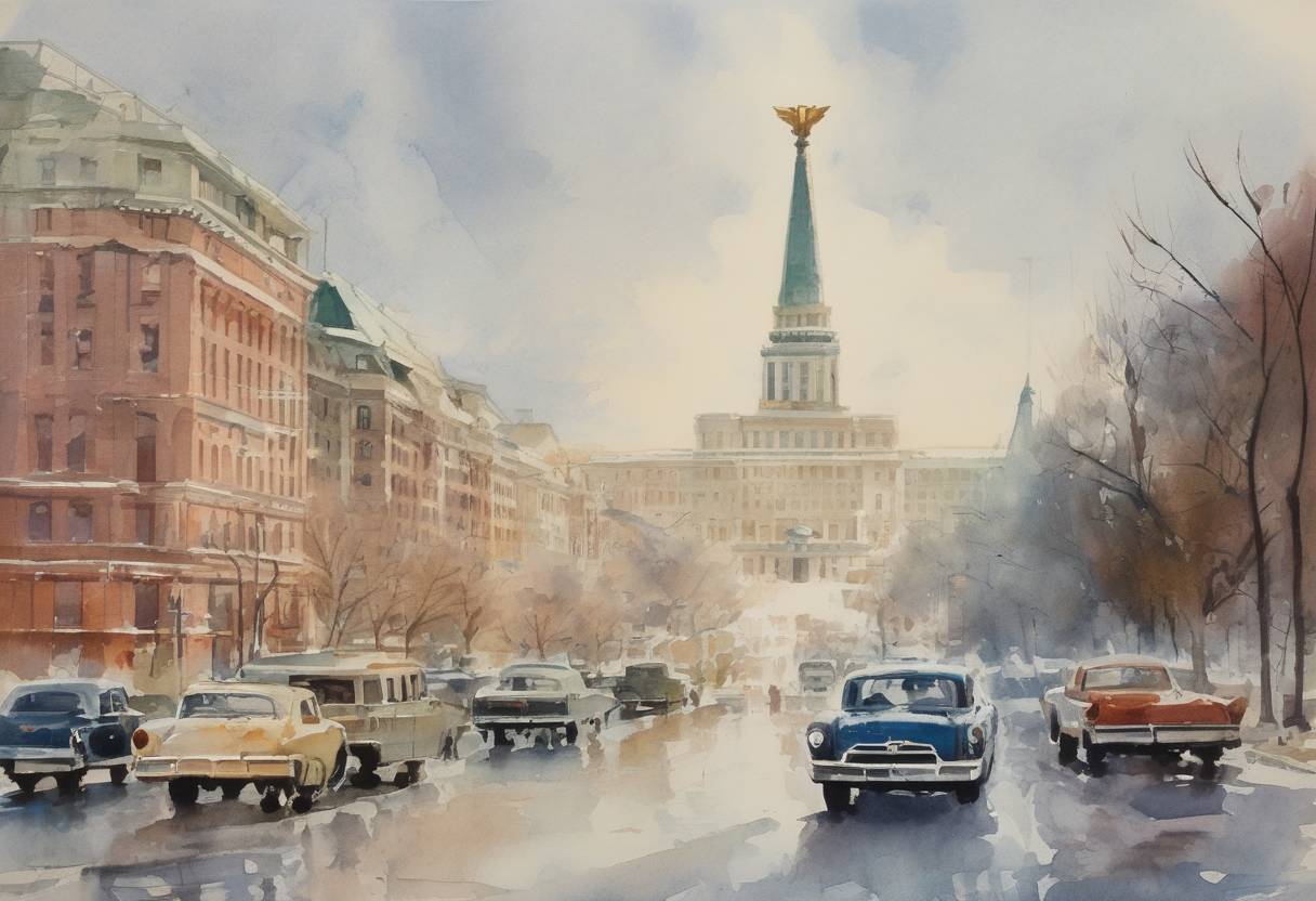 Watercolor painting based depiction of The Moscow–Washington hotline, a direct communication link between the United States and the Soviet Union, is established. (1963)